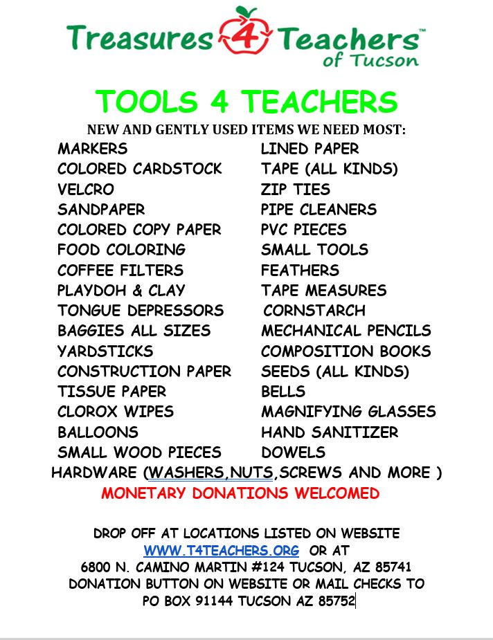 TOOLS 4 TEACHERS – Treasures 4 Teachers Of Tucson